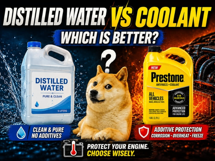 Distilled water vs coolant comparison showing a coolant container, distilled water jug, and a dog comparing which option provides better engine cooling system protection.